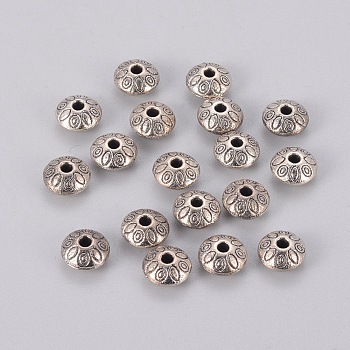 Tibetan Style Alloy Spacer Beads, Lead Free & Cadmium Free, Rondelle with Flower, Antique Silver, 9x9x6mm, Hole: 1.5mm