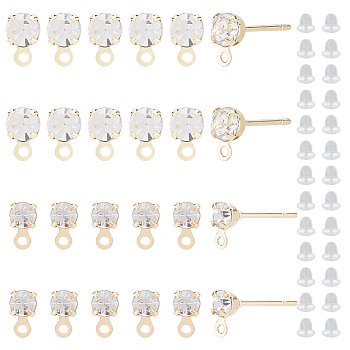 80Pcs Brass Stud Earring Findings, with Horizontal Loops & Clear Cubic Zirconia, with 100pcs Plastic Ear Nuts, Real 18K Gold Plated, 6.5x4mm, Hole: 1mm, Pin: 0.5mm