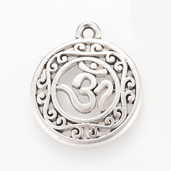 Tibetan Style Alloy Pendants, Flat Round with Om Symbol, Cadmium Free & Lead Free, Antique Silver, 22x19x3mm, Hole: 2mm