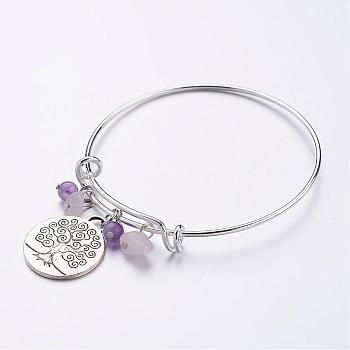 Brass Expandable Charm Bangles, Amethyst, with Tibetan Style Tree of Life Pendants, 69mm(2-3/4 inch)
