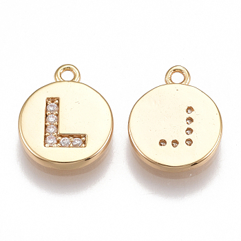Brass Cubic Zirconia Charms, Flat Round with Letter, Nickel Free, Real 18K Gold Plated, Clear, Letter.L, 12x10x2mm, Hole: 1mm