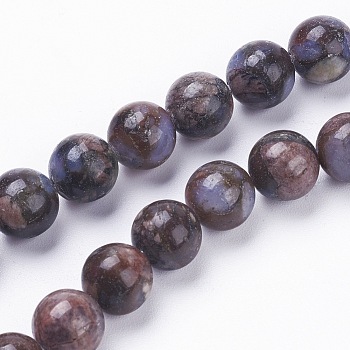 Natural Glaucophane Beads Strands, Round, Saddle Brown, 8~8.5mm, Hole: 1mm, about 47pcs/strand, 15.3~15.5 inch(39~39.5cm)