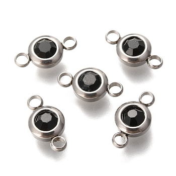 304 Stainless Steel Rhinestone Links Connectors, Flat Round, Stainless Steel Color, Jet, 12x6.5x4mm, Hole: 2mm