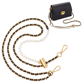 Adjustable Imitation Pearl Bead Bag Strap Chains, with PU Imitation Leather & Alloy Swivel Clasp, Golden, 71~123cm