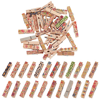 10Pcs 10 Styles Flower Printed Wooden Craft Pegs Clips, for for DIY Art Craft, Party Decoration, Mixed Color, 35.5x8.5x9.5mm, 1pc/style
