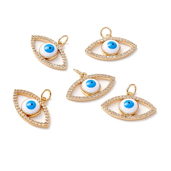 Brass Micro Pave Clear Cubic Zirconia Pendants, with Enamel and Jump Ring, Long-Lasting Plated, Lead Free & Cadmium Free & Nickel Free, Evil Eye, Real 18K Gold Plated, 13x22x4.5mm, Hole: 3.5mm