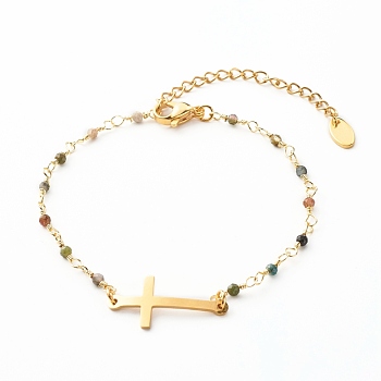 Cross Link Bracelet, Natural Tourmaline Beads Bracelet for Girl Women, Golden, 7-1/4 inch(18.5cm)