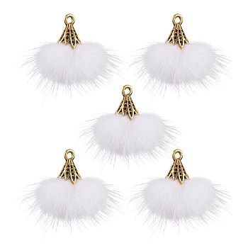 Faux Mink Fur Tassel Pendant Decorations, with Antique Golden Alloy Findings, White, 20~30x28~30mm, Hole: 1.8mm