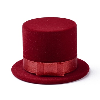 Velvet Ring Boxes, with Plastic with Ribbon, Hat, Dark Red, 6.1x3.7cm