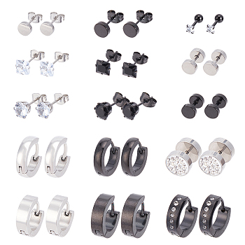 28Pcs 9 Style Clear Cubic Zirciona Diamond & Flat Round Stud Earrings & Ear False Plugs & Hoop Earrings, 304 Stainless Steel Jewelry for Women, Mixed Color, 6~14mm, Pin: 0.8~1.2mm