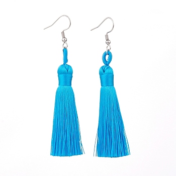 Polyester Tassel Earrings, with 304 Stainless Steel Earring Hooks, Stainless Steel Color, Deep Sky Blue, 82mm, Pin: 0.6mm