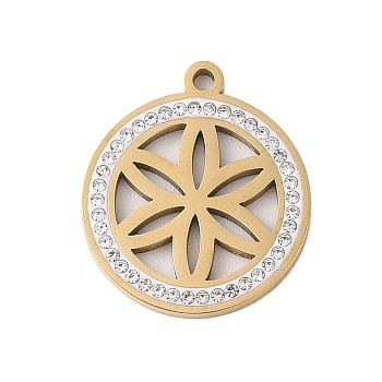 Preserved Fresh Flower 304 Stainless Steel Rhinestone Pendants, Flat Round, Real 18K Gold Plated, 25x21x2mm, Hole: 2mm