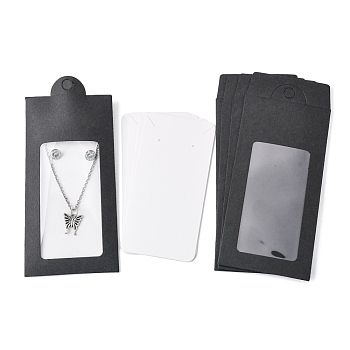 Boîtes en papier, avec des cartes d'affichage de bijoux de collier et de boucle d'oreille et une fenêtre en pvc transparent, boîtes d'emballage, rectangle, noir, 15.4x6.7x0.1 cm, Trou: 8mm, fenêtre: 85x44 mm