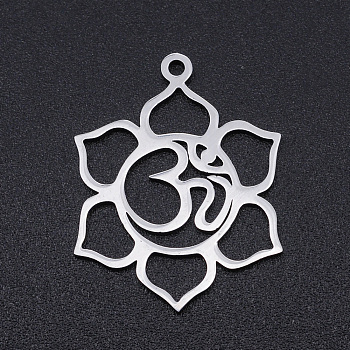 201 Stainless Steel Pendants, Laser Cut Pendants, Flower with Aum/Om Symbol, Stainless Steel Color, 25x19.5x1mm, Hole: 1.5mm