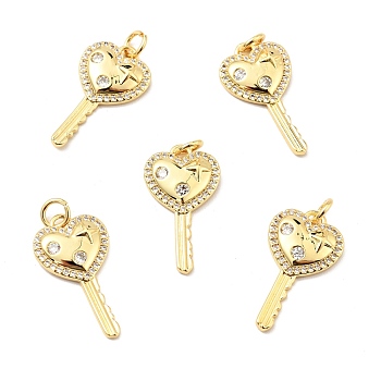 Brass Micro Pave Cubic Zirconia Pendants, with Jump Ring, Real 18K Gold Plated, Long-Lasting Plated, Lead Free & Cadmium Free & Nickel Free, Heart Key, Clear, 23x12.5x3mm, Jump Ring: 5x1mm, 3mm Inner Diameter