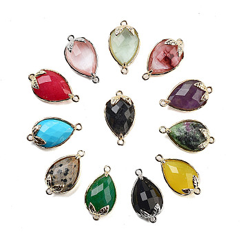 Natural & Synthetic Mixed Stone Faceted Teardrop Connector Charms, Brass Strawberry Links, Platinum & Golden, 20x11.5x5mm, Hole: 1.2mm