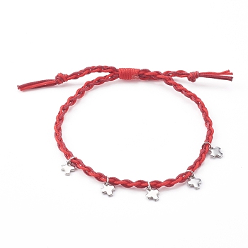 Adjustable Nylon Thread Braided Bead Bracelets, with 304 Stainless Steel Cross Charms, Stainless Steel Color, Red, Inner Diameter: 5/8~2-7/8 inch(1.7~7.4cm)