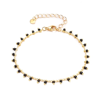 Glass Charm Bracelets, with Brass Curb Chains, 304 Stainless Steel Heart Charms & Lobster Claw Clasps, Real 18K Gold Plated, Black, 7-1/2 inch(19cm)