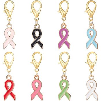 Alloy Enamel Awareness Ribbon Pendant Decorations, Lobster Clasp Charms, Clip-on Charms, for Keychain, Purse, Backpack Ornament, Stitch Marker, Mixed Color, 19.5x9.5x2mm, 16pcs/box