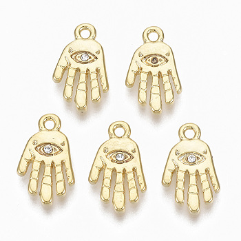 Alloy Charms, with Crystal Rhinestone, Cadmium Free & Nickel Free & Lead Free, Palm with Eye, Real 18K Gold Plated, 15x9x2mm, Hole: 1.2mm