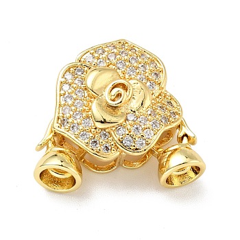Rack Plating Brass Micro Pave Clear Cubic Zirconia Fold Over Clasps, Cadmium Free & Lead Free, Long-Lasting Plated, Flower, Golden, Flower: 17x17.5x9mm, Clasp:10.5x6.5x6mm, Inner Diameter: 4mm