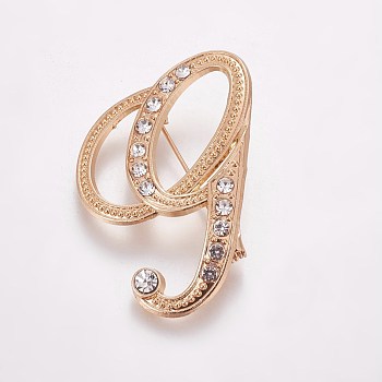 Alloy Brooches, with Rhinestone, Letter, Letter.G, Golden, 46x28x3.5mm, Pin: 1mm