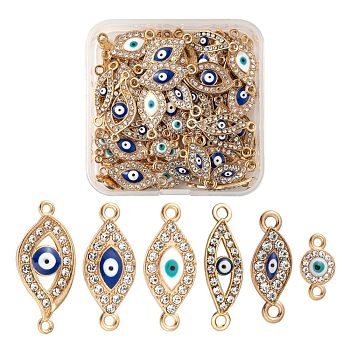 60Pcs 6 Style Light Gold Plated Alloy Links, with Crystal Rhinestone and Enamel, Evil Eye & Flat Round with Evil Eye, Mixed Color, 13.5~27x7.5~12.5x2~3.5mm, Hole: 1.4~2mm, 10pcs/style