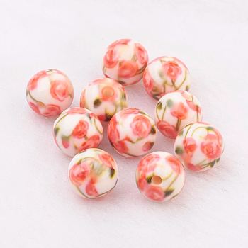 Spray Painted Resin Beads, with Flower Pattern, Round, Coral, 10mm, Hole: 2mm