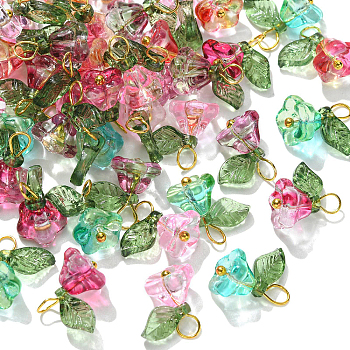 50Pcs 5 Colors Glass Charms, with Golden Tone Brass Loops, Trumpet Flower Charms, Mixed Color, 14x13x8mm, Hole: 2.5mm, 10pcs/color