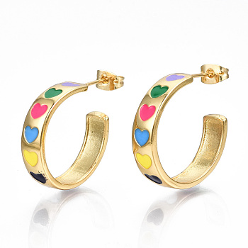 Brass Enamel Stud Earrings, Half Hoop Earrings, with Ear Nuts, Nickel Free, Ring with Heart, Real 16K Gold Plated, Colorful, 23.5x6mm, Pin: 0.8mm