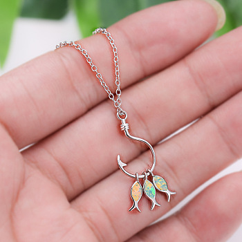 3-Fish & Fishhook Brass with Opal Pendant Necklaces, Platinum, White, 18.90 inch(48cm)