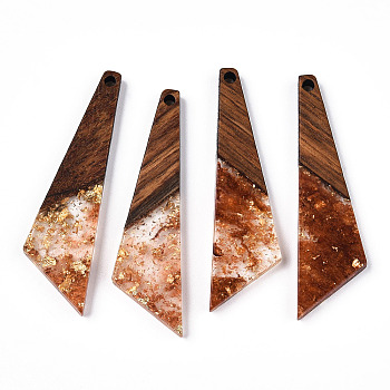 Transparent Resin & Walnut Wood Pendants, with Gold Foil, Quadrilateral Charms, Chocolate, 49x13x3.5mm, Hole: 2mm