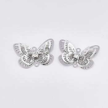Brass Links connectors, with Crystal Rhinestone, Butterfly, Platinum, 16x23x8mm, Hole: 1.2mm