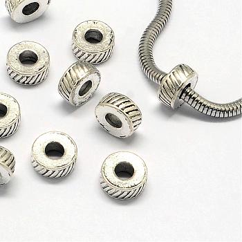 Tibetan Style Alloy Beads, Large Hole Beads, Flat Round, Antique Silver, 10x4.5mm, Hole: 4mm