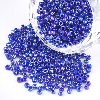 Opaque Glass Seed Beads, Rainbow Plated, Round, Blue, 2mm, Hole: 1mm, about 30000pcs/bag