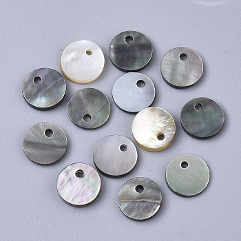 Black Lip Shell Pendants, Flat Round, Black, 8x1~2mm, Hole: 1.2mm