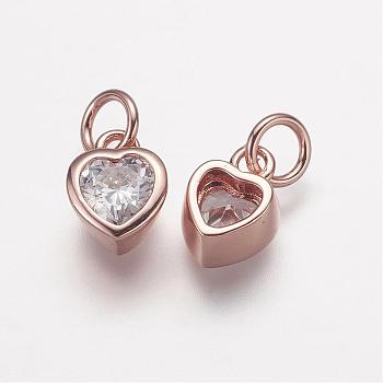 Brass Micro Pave Grade AAA Cubic Zirconia Charms, Lead Free & Nickel Free & Cadmium Free, Heart, Real Rose Gold Plated, 9x6.5x4mm, Hole: 3mm