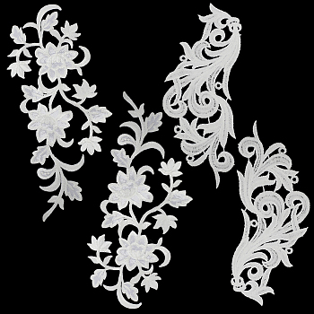 8Pcs Flower Computerized Embroidery Cloth Iron On Patches, 2 Pairs Leaf Shape Milk Silk Appliques, Stick On Patch, Costume Accessories, White, 225~323x90~122x1mm