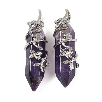 Natural Amethyst Double Terminal Pointed Pendants, Brass Flower Wrapped Faceted Bullte Charms, Platinum, 50x12x15mm, Hole: 9x5mm