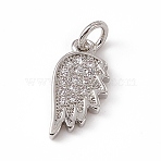 Brass Micro Pave Clear Cubic Zirconia Wing Charms, with Open Jump Rings, Cadmium Free & Lead Free, Platinum, 14x7x1.5mm, Jump Ring: 4.5x0.7mm, Inner Diameter: 3mm(ZIRC-F132-60P)