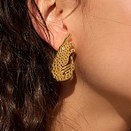 304 Stainless Steel Stud Earrings, Shrimp, with Rhinestone, Golden, 44x21mm(SA-B001-01G)