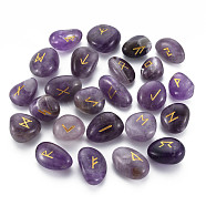 Natural Amethyst Beads, Tumbled Stone, Healing Stones for Chakras Balancing, Crystal Therapy, Meditation, Reiki, Divination Stone, No Hole/Undrilled, Nuggets with Runes/Futhark/Futhorc, 19~28x14~22x9~16mm, about 25pcs/set(G-S282-42)
