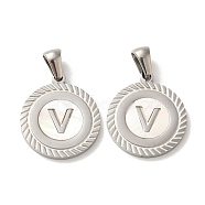 304 Stainless Steel Pendants, Flat Round Shell Charms with Letter, Stainless Steel Color, Letter V, 20.5x17.5x1.5mm, Hole: 2.5x4.5mm(STAS-I204-V-P)