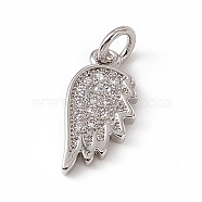 Brass Micro Pave Clear Cubic Zirconia Wing Charms, with Open Jump Rings, Platinum, 14x7x1.5mm, Jump Ring: 4.5x0.7mm, Inner Diameter: 3mm (ZIRC-F132-60P)