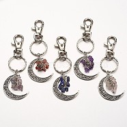 Natural Gemstone Pendant Keychain, with Alloy Pendants, Iron Rings and Alloy Keychain Findings, Moon, Mixed Color, 100mm(X-KEYC-JKC00099)
