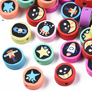 Handmade Polymer Clay Beads, Flat Round with Space Theme Pattern, Mixed Color, 9~10x4~5mm, Hole: 1.6mm(CLAY-N006-52)