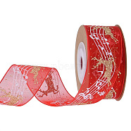 5M Christmas Theme Polyester Ribbons, Flat Ribbon with Hot Stamping Reindeer and Musical Note Pattern, Garment Accessories, Red, 1 inch(25mm), about 5.47 Yards(5m)/Roll(MUSI-PW0002-032B)