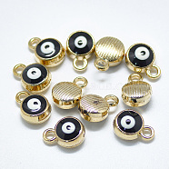 Light Gold Plated Alloy Charms, with Enamel, Flat Round with Evil Eye, Black, 10x7x4.5mm, Hole: 1.5mm(ENAM-S117-27B)