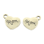 Mother's Day Theme, Tibetan Style Alloy Family Charms, Heart with Word Mom, Cadmium Free & Lead Free, Antique Silver, 13x15x3mm, Hole: 3mm(TIBEP-5423-AS-LF)
