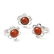 Natural Red Jasper Adjustable Rings, Platinum Tone Flower Brass Rings for Women, Cadmium Free & Lead Free, US Size 7 3/4(17.9mm), 3~7mm(RJEW-P043-01P-15)